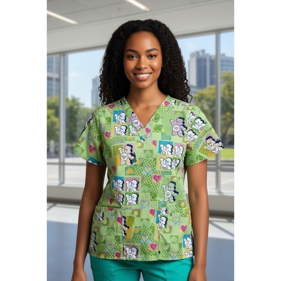 Carebears Womens Scrub Top Front Pockets Multicolor Nostalgic Pop Art 80's Y2K - Picture 1 of 7